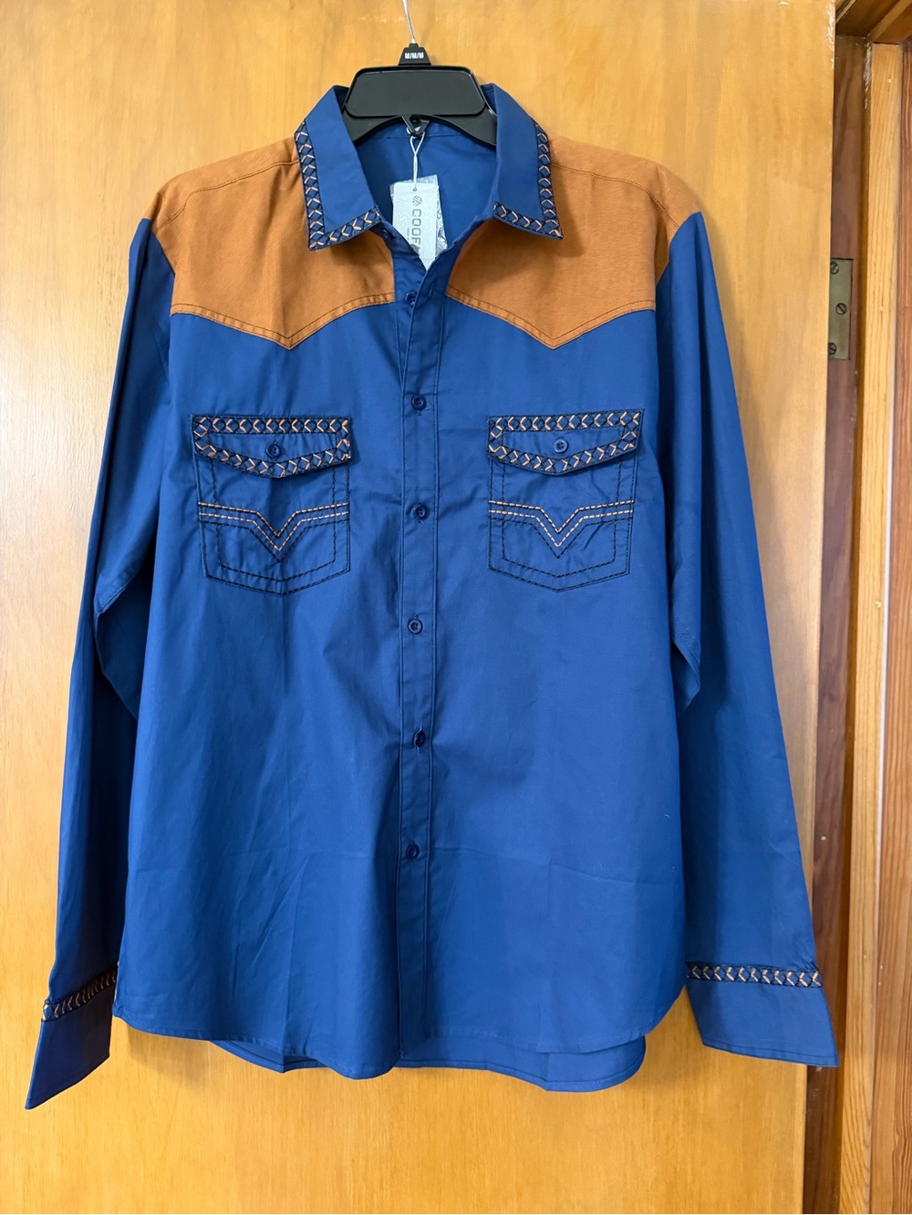 Coofandy Men's Blue and Brown Western-Inspired Button-Down Shirt